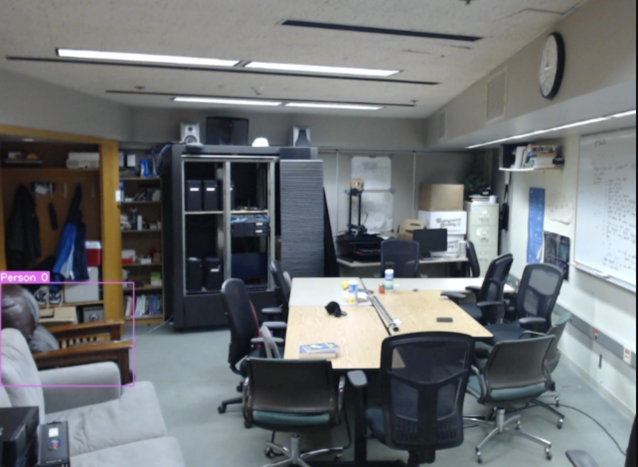 An image of the empty lab. An annotation on a brown armchair reads 'Person 0', despite no human on the chair.